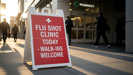 Flu shot clinic sign displayed outside pharmacy during sunset  