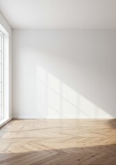 Fototapeta premium Bright minimalist interior featuring seamless white walls, wooden flooring, and ample natural light flooding the modern empty room backdrop, backdrop, visualization, interior