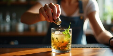 Female bartender adding herbal bitters to CBD-infused mocktail at cozy urban bar with natural light