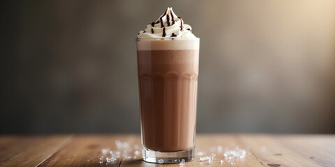 Cold chocolate milkshake with whipped cream and chocolate drizzle in transparent glass