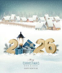 Winter christmas holiday background with a snowy village landscape and 2026. Vector.