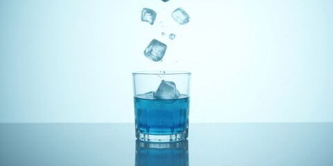Minimalistic blue drink filling empty faceted glass with falling ice cubes on reflective surface