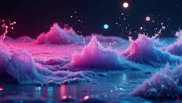 Vibrant Ocean Waves with Colorful Splashes in Neon Tones