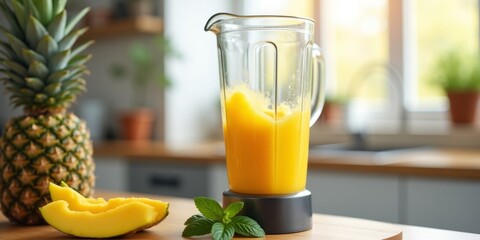 Mango smoothie in blender with tropical fruit decor on wooden kitchen counter