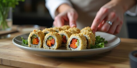 Quinoa sushi rolls with vibrant vegetable fillings on ceramic plate, healthy plant-based diet meal preparation