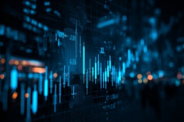 Digital stock market charts and graphs on dark blue abstract technology background