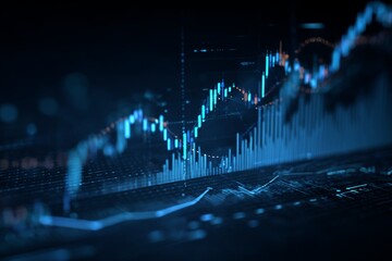 Digital stock market charts and graphs on dark blue abstract technology background