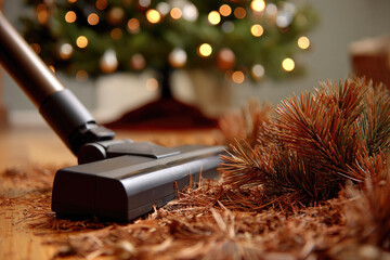 Taking down christmas tree often leaves pine needles scattered on floor, requiring vacuum cleaner to tidy up living room after festive season