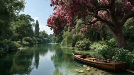 Obraz premium The photo shows a wooden boat on the quiet, clear water of a river with a tree covered in pink flowers.