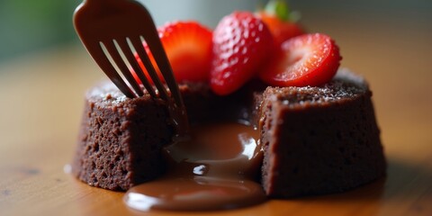 Close-up of fork cutting into rich gooey chocolate lava cake with strawberry garnish on wooden table