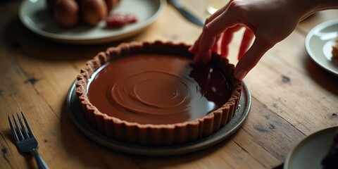 Overhead closeup of hand placing glossy chocolate tart on rustic wooden table with natural daylight highlights