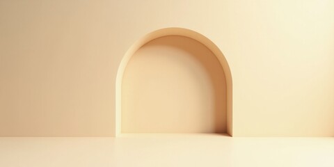 Minimalist beige arch recessed in smooth monochrome wall with soft natural light and centered symmetry