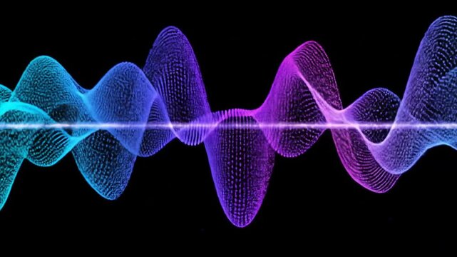 Digital sound wave graphic illustration, with blue/purple gradient, dark background, and shimmering lines
