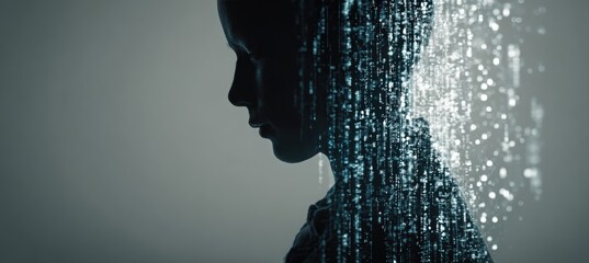 Silhouette of Person with Digital Matrix Overlay in Cool Tones