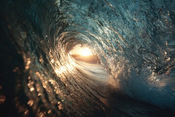 Surfer's Perspective Inside Wave Tube at Sunset with Dramatic Light and Motion