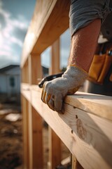 Skilled Builder Securing Wooden Frame in Warm Natural Light