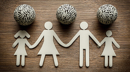 Paper cutout family holding hands on wooden surface with decorative paper globes, symbolizing unity, love, and global connection in a creative and artistic representation