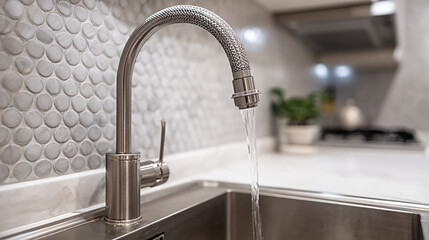 Modern kitchen faucet with flowing water, showcasing sleek design and polished finish, installed in a stylish renovated kitchen with elegant backsplash
