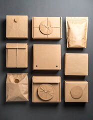 Nine various brown paper packages and boxes arranged neatly on a dark background, showcasing minimalist and eco-friendly packaging designs.