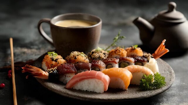 Japanese sushi and sashimi platter featuring tuna, salmon, shrimp, maki rolls, and soba noodles, served with soy sauce, wasabi, and ginger on a rustic wooden table