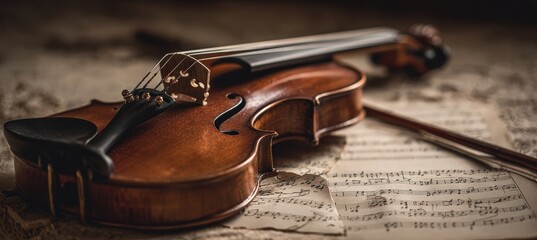 Fototapeta premium Macro Photo of Violin on Sheet Music in Warm Natural Lighting