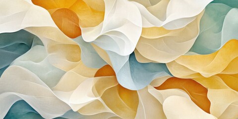 Abstract background of overlapping pastel fabric waves in yellow blue and white creates soft texture and modern minimal art pattern for contemporary decor