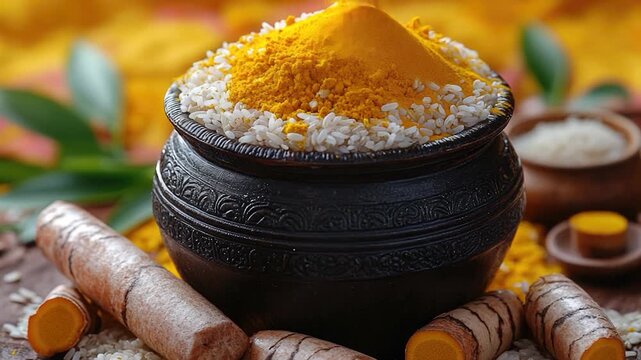 Video A vibrant bowl filled with turmeric spices and other ingredients, perfect for cooking or props