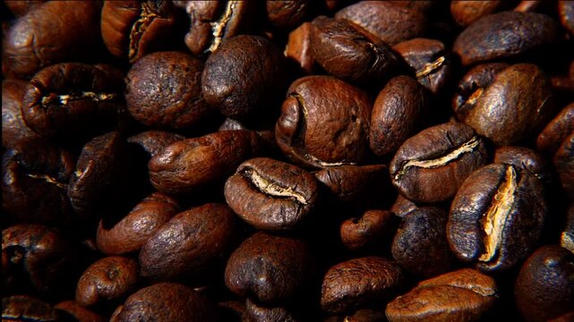 Zoom out revealing fresh roasted coffee beans falling in slow motion. Brown seeds raining down creating a heap. Dynamic cinematic food background with camera movement.