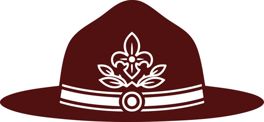 Maroon campaign hat vector illustration featuring a stylized white fleur-de-lis emblem, representing scouting leaders, park rangers, or drill sergeants in a flat design style