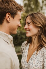 Fototapeta premium Smiling Couple Sharing a Loving Gaze in Natural Light Outdoors