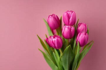 Fototapeta premium Pink Tulips Bouquet on Pink Background