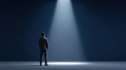 Obraz premium Solitary Businessman in a Dark Room with Spotlight on Bright Floor Reflecting Contemplation, Opportunity, and Decision-Making in Corporate Environment