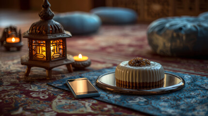 Serene home corner with dessert plate, phone, cushions, and tray accents, blending third-space living, remote break, and cozy food styling