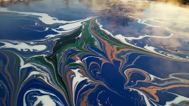 Abstract marbled water with swirling blues, white, greens, and browns reflecting light. underlit hue