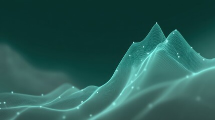 Abstract digital landscape with flowing lines and glowing points on a gradient green background, perfect for technology or data visualization concepts