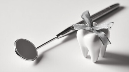 Minimalist dental composition: white tooth with a small silver bow on a light background next to a dental mirror, perfect for clinic advertising, prevention campaigns and oral care promotions.