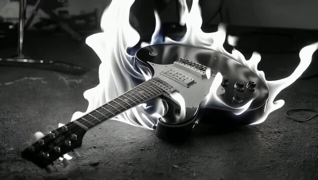 Artistic 4K black and white slow motion footage of electric guitar lying on ground while engulfed in flames capturing rebellion destruction energy and dramatic performance