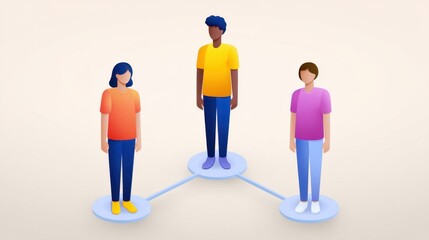 Three diverse cartoon characters standing on connected circles representing teamwork, collaboration, and social interactions with a soft background
