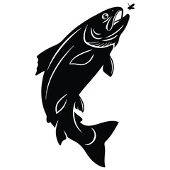 Black and white silhouette of a fish leaping out of water to catch a fly