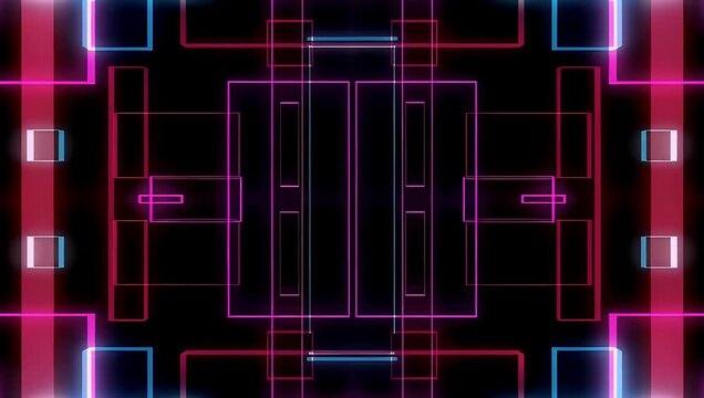 Futuristic 4K abstract animation displaying glowing neon block diagrams and logical flowchart elements on black background visualizing analysis algorithms and structured thinking for technology med