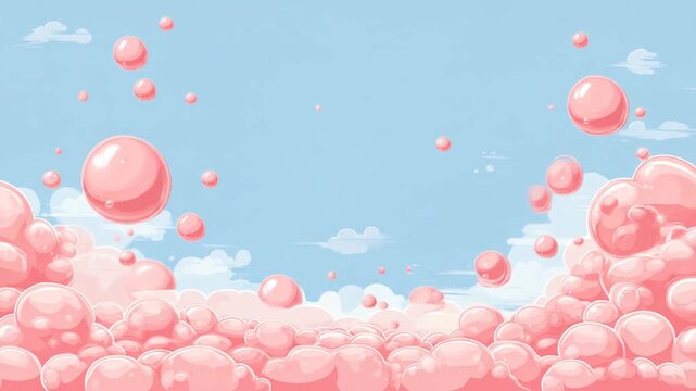 Dreamy cartoon sky with pastel pink clouds and floating pink orbs, soft, playful