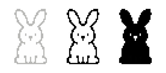 Charming pixel art rabbit icons in three styles: light grey outline, black outline with white fill, and solid black silhouette. Ideal for retro gaming, Easter, or cute digital designs.