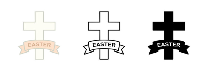 A collection of Easter cross icons with 'EASTER' text on a banner, presented in various styles including outline, solid, and muted, ideal for religious holiday designs.