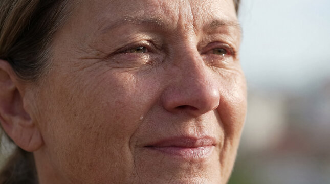 Emerald eyes shining with untold stories, a single tear dances like a sunbeam on this woman's weathered cheek