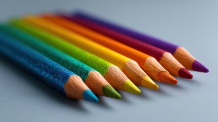Fototapeta premium Colorful Rainbow Arrangement of Pencils with a Focus on Vibrant Hues and Sharp Tips on a Smooth Gray Surface for Creative Inspiration and Artistic Projects