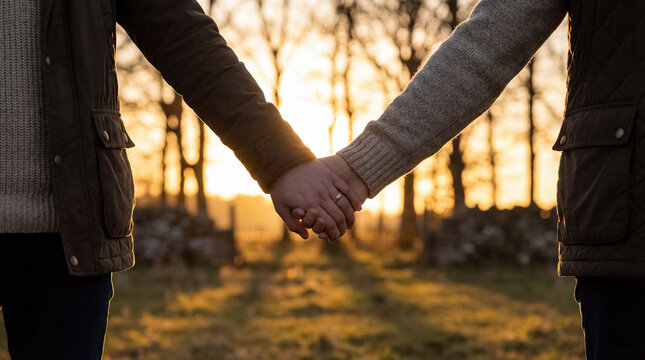 Holding hands at sunset, a symbol of love and connection in the glowing golden hour