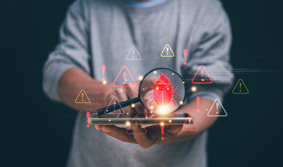 Mobile security threat concept. Magnifying glass highlighting a malware bug icon and surrounded by warning symbols. Cyber risk detection, smartphone protection, data safety and digital vulnerability.
