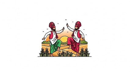 Naklejka premium Men dancing Bhangra for Lohri festival celebration in farmland at sunset background
