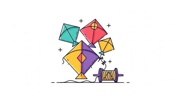 Colorful Lohri festival paper kites and reel icon in minimalist vector style with transparent background