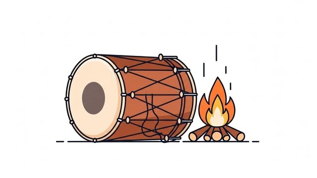 Minimalist Punjabi dhol drum icon next to bonfire, flat colors, Lohri festival theme